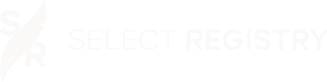Select Registry brand logo featuring an 'SR' monogram with a feather motif on a black background.