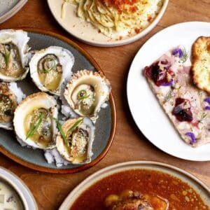 Table full of seafood at Oyster Club in Mystic