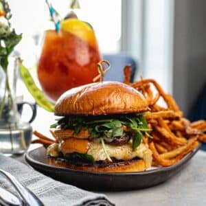 Burger and Bloody Mary at Brunch in Downtown Mystic