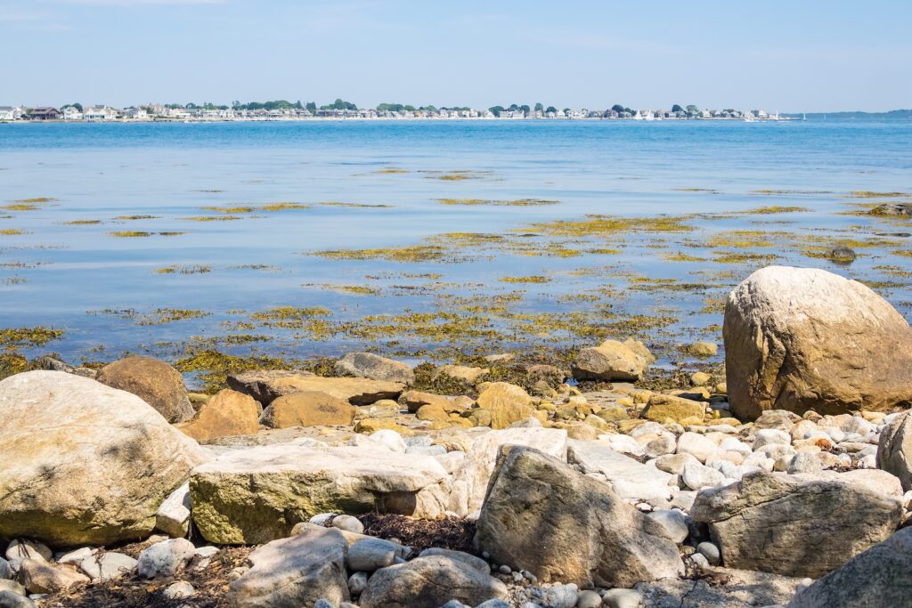 Rocks against a blue ocean with houses in the background at one of the best beaches near Mystic CT.