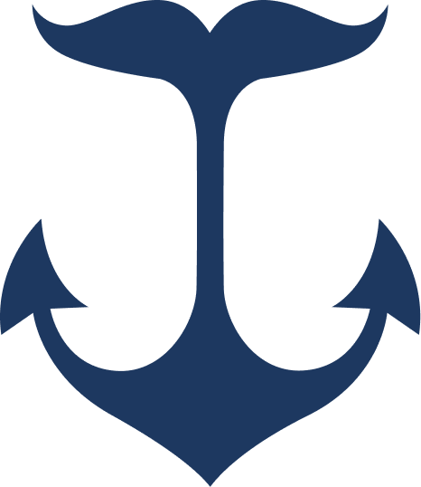 Dark blue navy anchor icon featuring a stylized mustache top design on a white background.