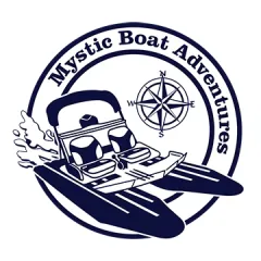Mystic Boat Adventures logo featuring a pontoon boat and compass rose in a circular badge design.