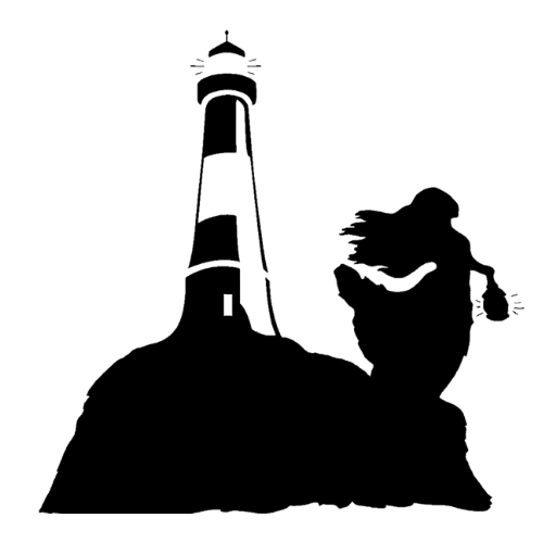 Black and white silhouette illustration of a striped lighthouse and a woman holding a lantern on a rocky shore.