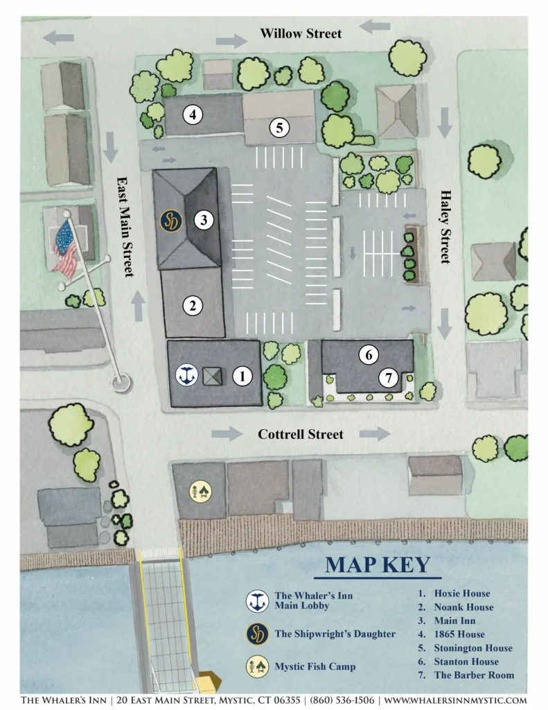 Illustrated map of The Whaler's Inn properties and grounds in Mystic, Connecticut.
