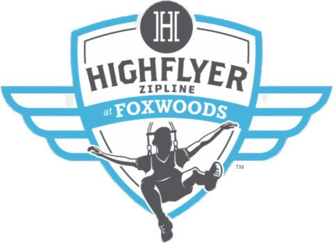 The HighFlyer Zipline at Foxwoods logo featuring a silhouette of a person ziplining on a shield emblem.