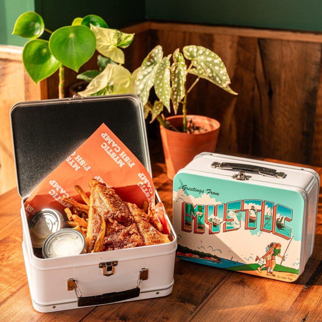 Fish and Chips in a lunch box at Mystic Fish Camp, one of the newest places to eat in Mystic, CT