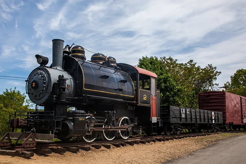 A vintage black steam locomotive with train cars sits on railroad tracks under a bright blue sky.