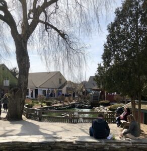 Spectators watch the duck pond at Olde Mistick Village on a sunny day. 