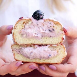 Blackberry filled cream doughnut from Deviant, one of the best doughnut places in Mystic 