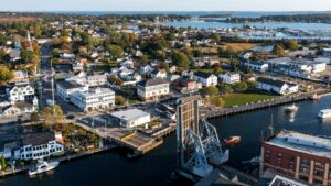 aerial shot of Downtown Mystic highlighting where to walk in Mystic